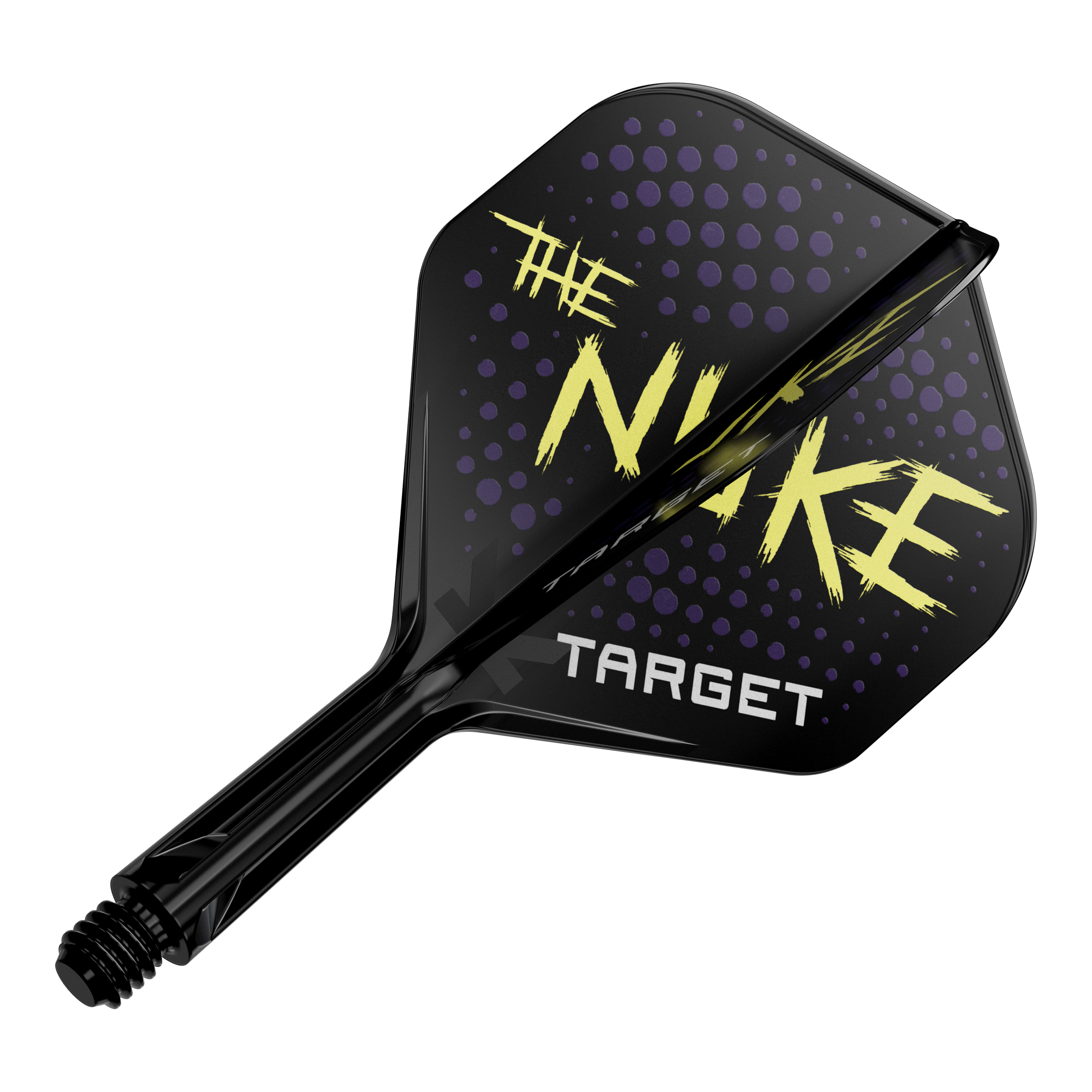 Auf dem Bild ist ein schwarzes Dart-Flight mit dem Schriftzug "THE NUKE" und "TARGET" zu sehen. Das Design zeigt außerdem lila Punkte im Hintergrund.